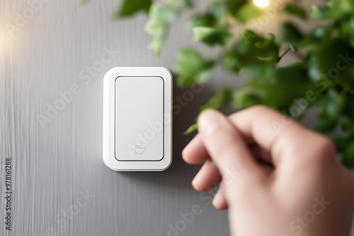 A hand reaching for a modern light switch, surrounded by greenery, showcasing home automation and interior design.