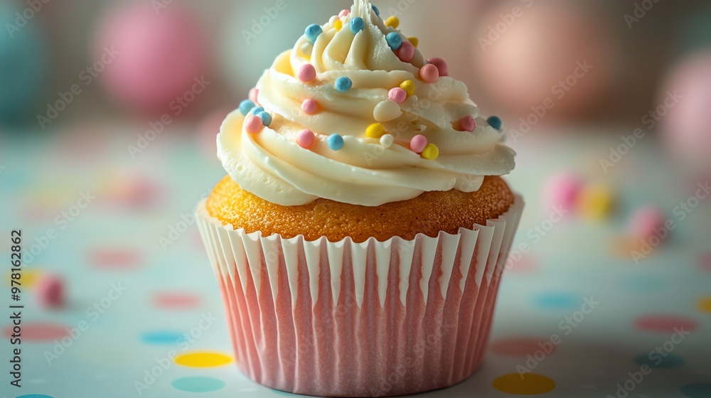 A single cupcake with white frosting and colorful sprinkles on a blue and white polka dot background. A single cupcake with white frosting and colorful sprinkles on a blue and white polka dot background.