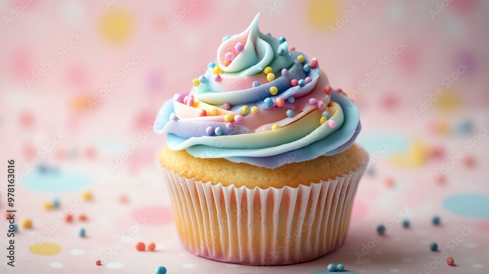 Close-up of a colorful cupcake with sprinkles on a pastel background. Close-up of a colorful cupcake with sprinkles on a pastel background.