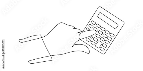 Calculator tool with hand in one continuous line drawing. Counting tax and budget concept in simple linear style. Accounting finance in editable stroke. Doodle vector illustration