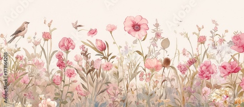 Fototapeta Naklejka Na Ścianę i Meble -  Pink Floral Wallpaper Mural watercolor artwork of various flowers vibrant garden scene featuring wildflowers hibiscus birds and trees ideal for fabric printing or tapestry designs