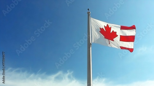 A vibrant Canadian flag waving proudly against a clear blue sky, symbolizing national pride and unity.