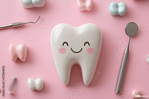 Cute Smiling Tooth Pattern with Dental Tools: Malocclusion Awareness Concept