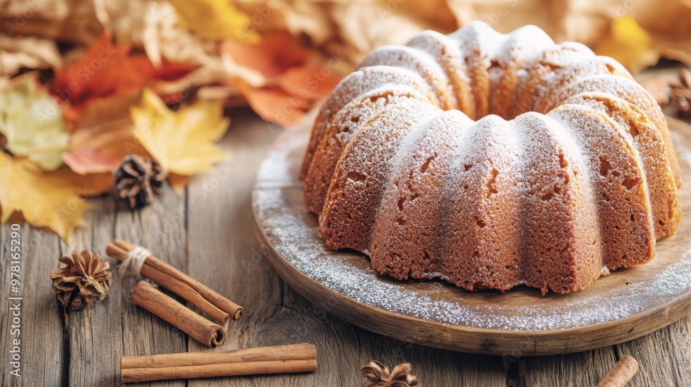 a fresh cinnamon spiced bundt cake on a rustic wooden a fresh cinnamon spiced bundt cake on a rustic wooden