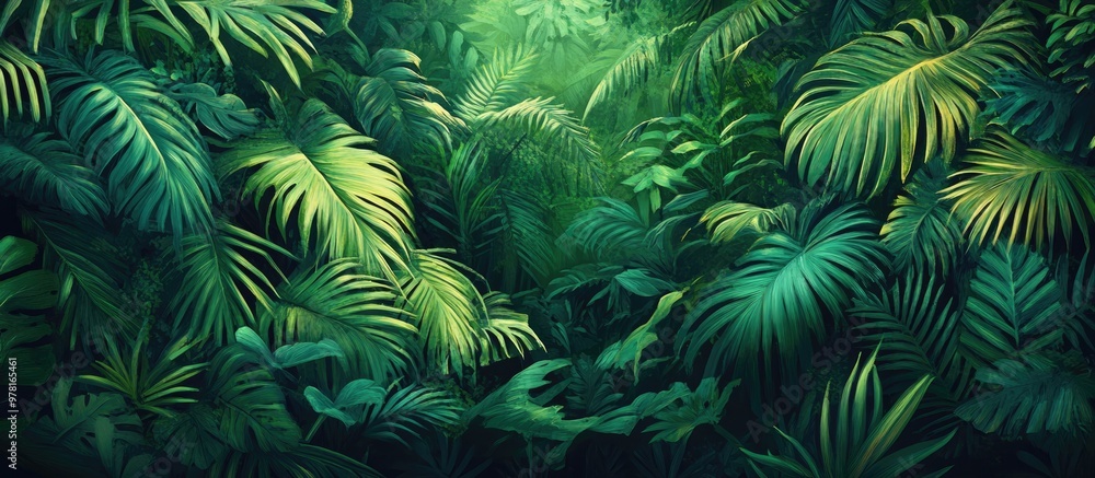 Artwork depicting tropical foliage with rich green leaves in a lush jungle setting showcasing the beauty of nature Artwork depicting tropical foliage with rich green leaves in a lush jungle setting showcasing the beauty of nature