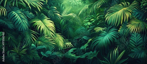 Artwork depicting tropical foliage with rich green leaves in a lush jungle setting showcasing the beauty of nature