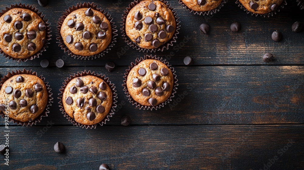 Close-up of chocolate chip muffins on a wooden background. Close-up of chocolate chip muffins on a wooden background.