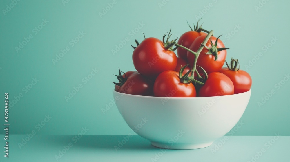 Bowl of fresh vine tomatoes against a minimal turquoise background Bowl of fresh vine tomatoes against a minimal turquoise background