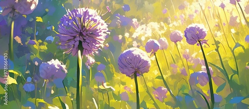 Blooming Allium senescens often known as aging chive depicted in a summer garden painting photo