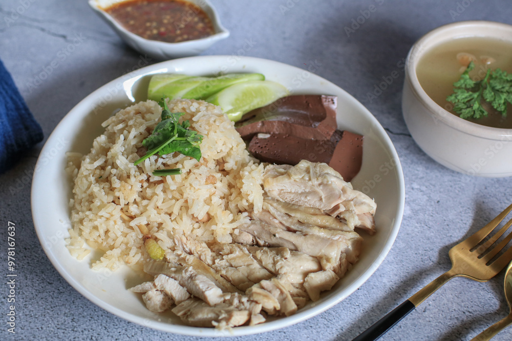 Rice steamed with chicken soup and dipping sauce or Khao Mun Kai in white plate. thai food concept. Rice steamed with chicken soup and dipping sauce or Khao Mun Kai in white plate. thai food concept.