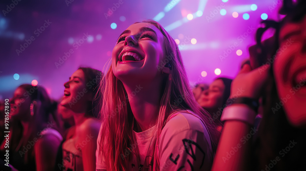 beautiful young teens audiences in the concert are very excited ands happy fans of the k-pop band under the pink lighting beautiful young teens audiences in the concert are very excited ands happy fans of the k-pop band under the pink lighting