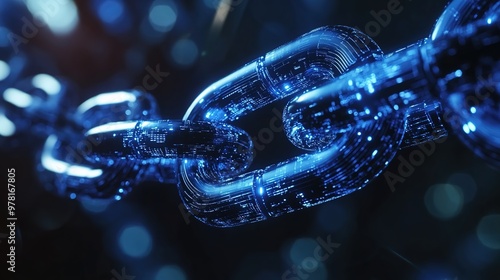 A blue digital chain of blocks being connected, symbolizing the data exchange in blockchain technology. 