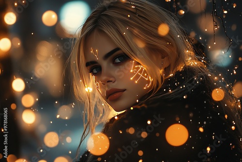 Woman surrounded by glowing particles in an urban environment symbolizing self awareness quiet reflection and the profound personal insights that emerge in moments of solitude photo