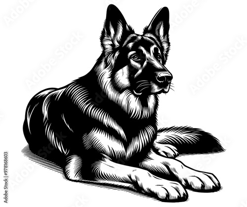 Cute German Shepherd in full-body, hand drawn sketch. Vector isolated on white background	