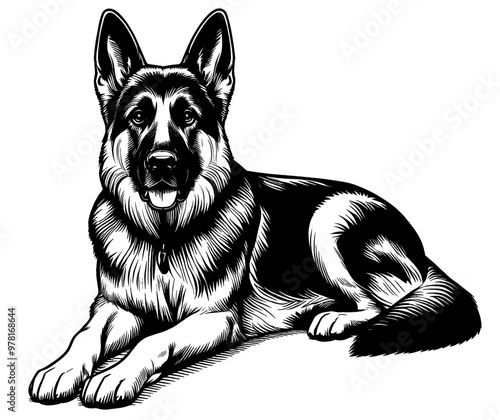 Cute German Shepherd in full-body, hand drawn sketch. Vector isolated on white background	