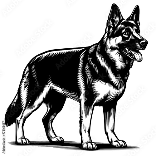 Cute German Shepherd in full-body, hand drawn sketch. Vector isolated on white background	