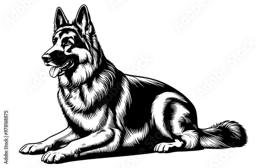 Cute German Shepherd in full-body, hand drawn sketch. Vector isolated on white background	