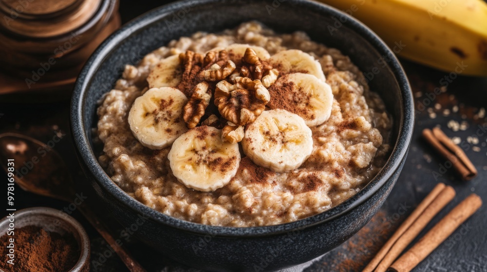 a bowl of warm cinnamon oatmeal topped with sliced banana a bowl of warm cinnamon oatmeal topped with sliced banana