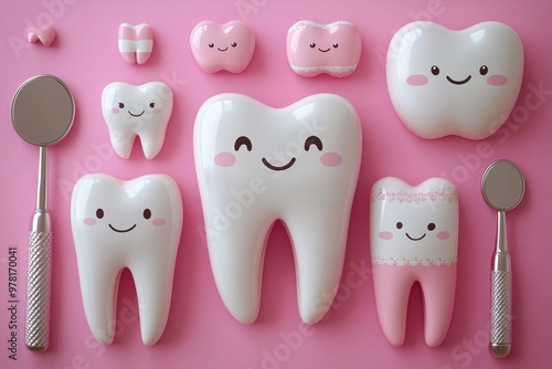 Dental Tools and Smiling Tooth Characters: Flat Lay on a Pastel Pink Background