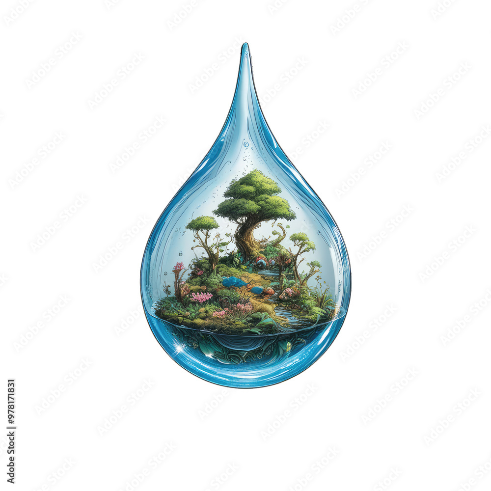 Obraz premium A stunning, highly detailed, 4K digital comic artwork depicting a water droplet containing a thriving miniature ecosystem, set against a pristine white background with a subtle 1.2 aspect ratio. The