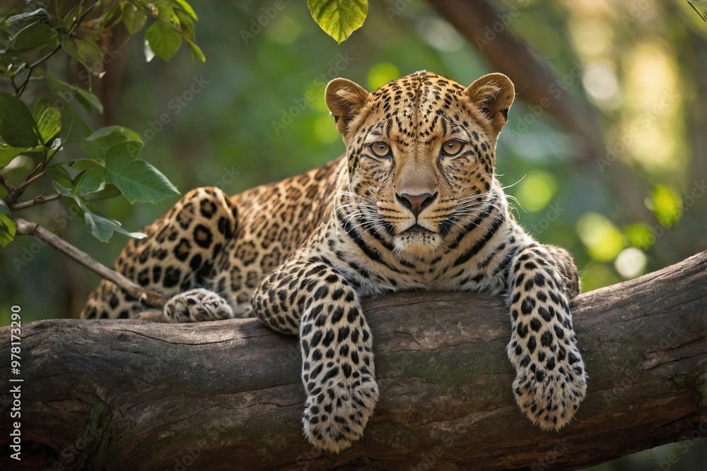 Leopard Resting on a Tree Branch in a Sunlit Forest Leopard Resting on a Tree Branch in a Sunlit Forest