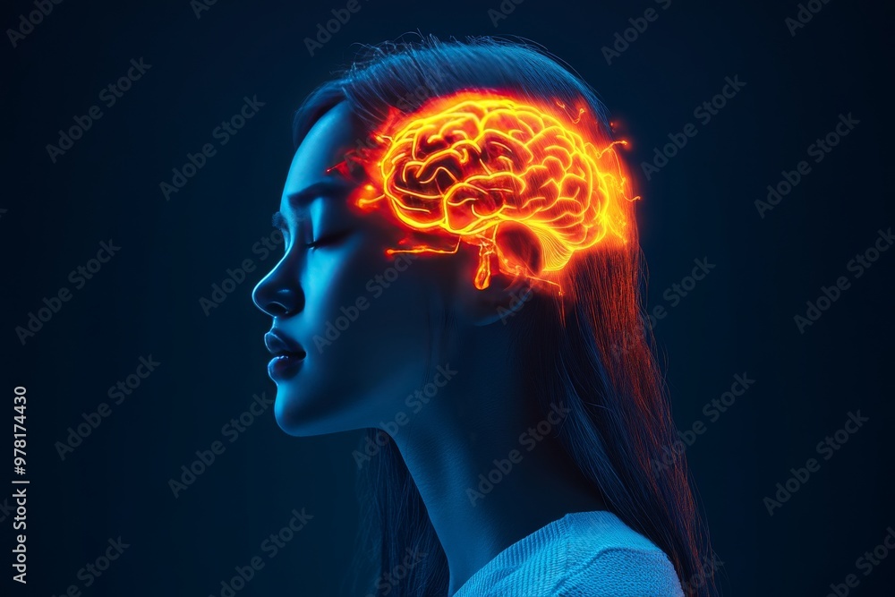 Woman with a glowing brain profile in neon light symbolizing the intersection of human thought cognitive power and the advanced potential of brain computer interface technology Woman with a glowing brain profile in neon light symbolizing the intersection of human thought cognitive power and the advanced potential of brain computer interface technology