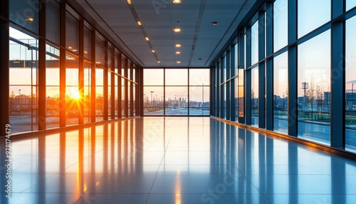 Modern Office Building Corridor with Sunset Reflection