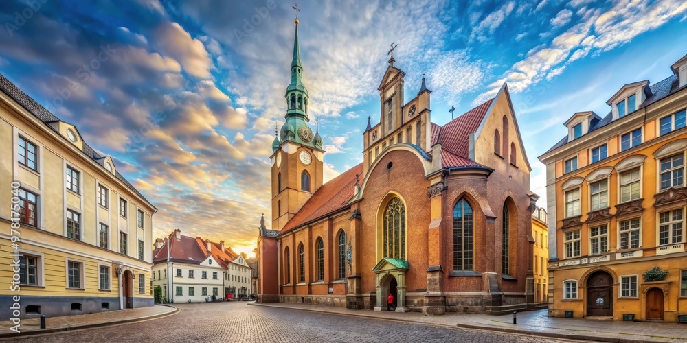Naklejka premium St. Saviour's Anglican Church surrounded by historic buildings on Anglikanu street in Riga, Latvia