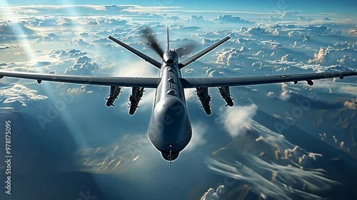Predator Drone in Flight: Majestic view of a military drone soaring through the clouds, showcasing its powerful design and advanced technology.  A symbol of modern warfare and aerial surveillance. 