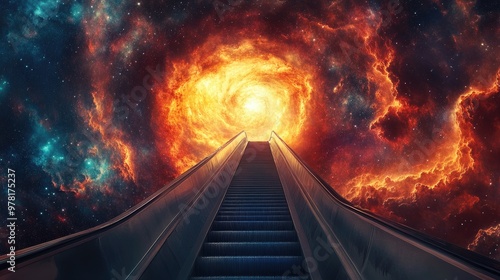 This digital artwork mesmerizes with a surreal escalator leading into a starry galaxy embodying the spirit of cosmic exploration and endless potential