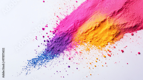 Vibrant colorful powder explosion showcasing pink, yellow, and purple hues in an artistic and dynamic display on a white background. photo