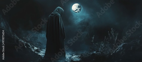 Eerie hooded figure resembling a demon in a dark surreal environment illuminated by a moonlit skull evoking a sense of fear and fantasy