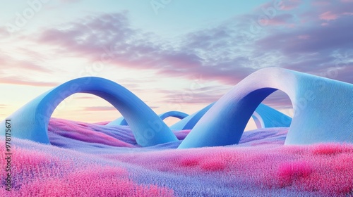 Surreal landscape featuring soft blue vibrant arc sculptures amidst a field of violet pink and red grass 3D rendering reflecting retro futurism and surrealism aesthetics photo