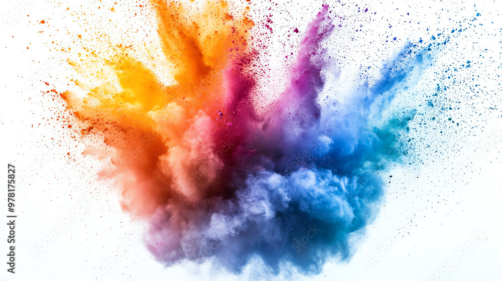 Vibrant explosion of colorful dust particles creating an artistic and dynamic visual effect on a white background. Vibrant explosion of colorful dust particles creating an artistic and dynamic visual effect on a white background.