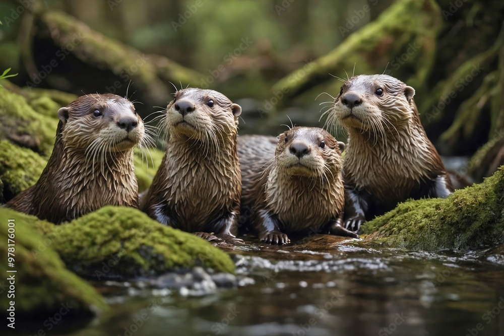 Otter Family by a Rocky Stream Otter Family by a Rocky Stream
