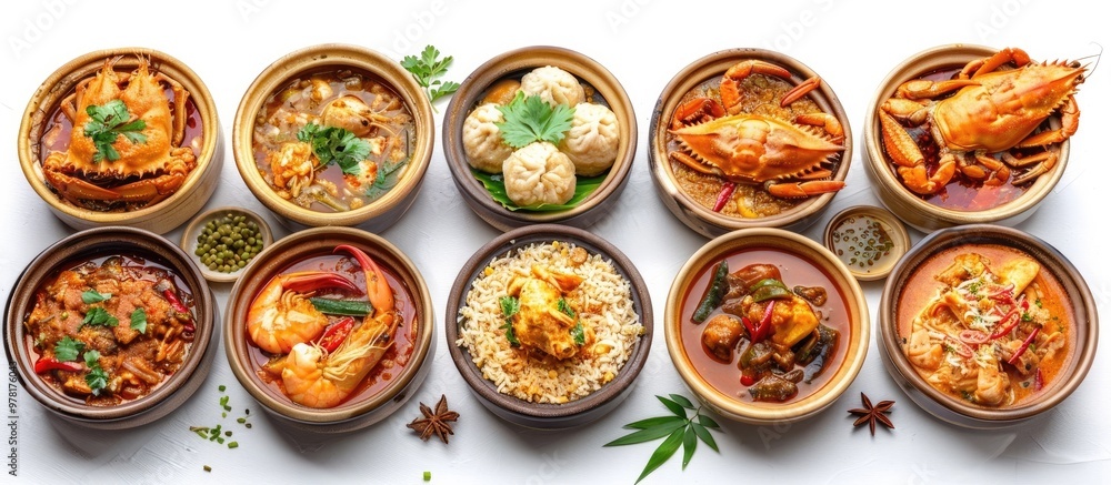 Diverse assortment of savory ethnic dishes and cuisines including curry stew rice and grilled items served on rustic wooden tableware with spices and herbs Diverse assortment of savory ethnic dishes and cuisines including curry stew rice and grilled items served on rustic wooden tableware with spices and herbs