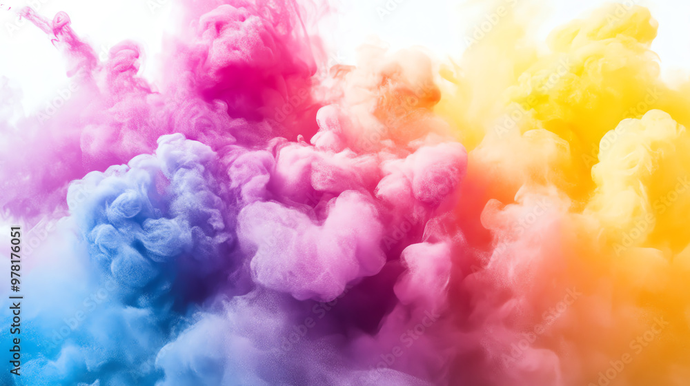 Fototapeta premium Vibrant smoke clouds in a mix of colors including pink, blue, yellow, and purple, creating an artistic and dynamic visual effect.