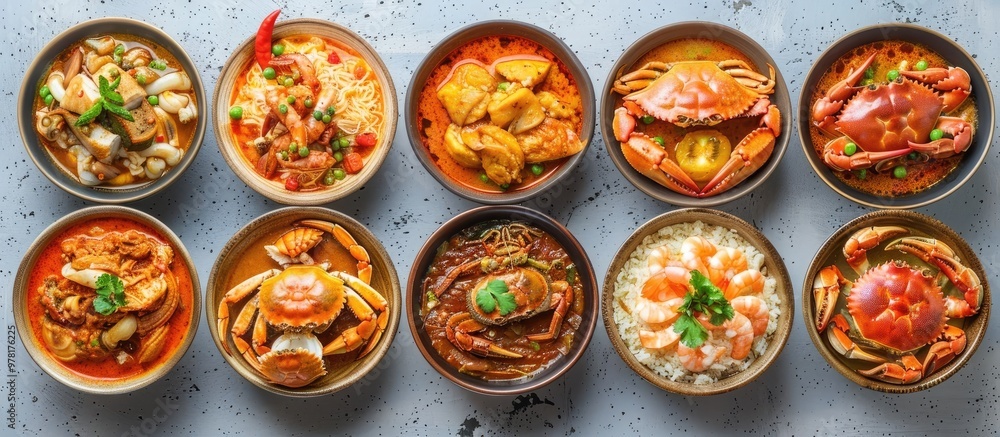 Delicious assortment of diverse and appetizing Asian fusion dishes including spicy savory and colorful plates and bowls arranged in an presentation  This image showcases the variety creativity