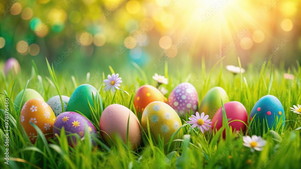 Beautiful Easter eggs scattered in lush green grass, perfect for spring holiday designs, Easter, eggs, grass, colorful Beautiful Easter eggs scattered in lush green grass, perfect for spring holiday designs, Easter, eggs, grass, colorful