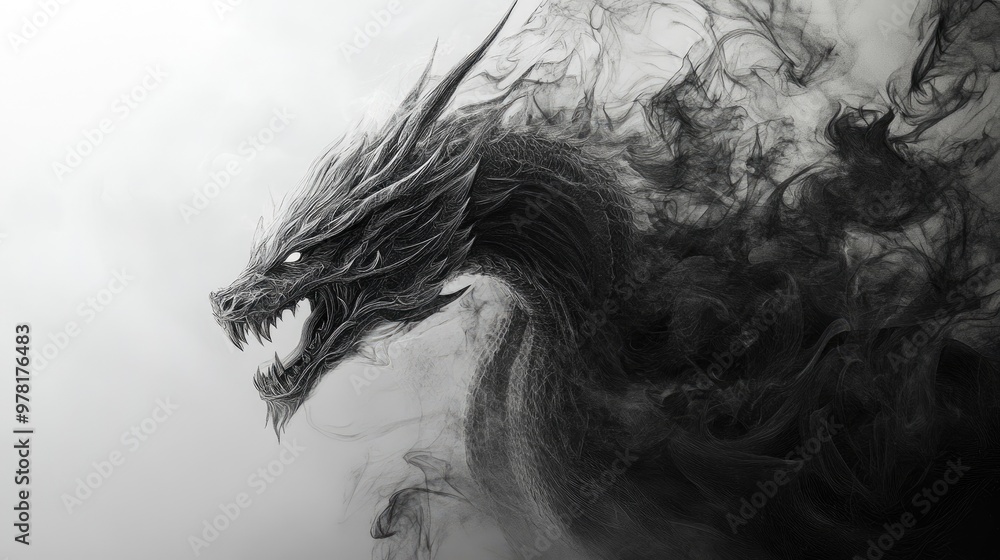 Semi surrealist artwork featuring a dragon s head rendered in a monochromatic black and white style