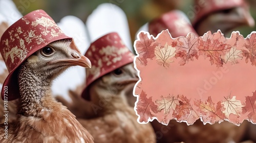 A group of brown birds wearing cute, patterned red hats, creating a playful and whimsical atmosphere. photo