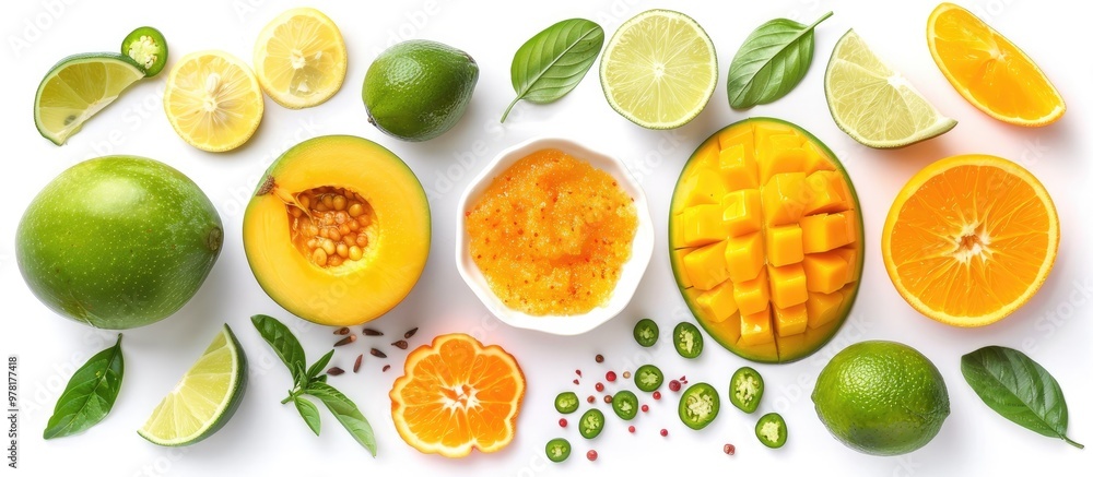 Vibrant tropical citrus fruits like lemons limes oranges and mangoes arranged in a flat lay composition on a clean white background This healthy and natural produce set creates a refreshing Vibrant tropical citrus fruits like lemons limes oranges and mangoes arranged in a flat lay composition on a clean white background This healthy and natural produce set creates a refreshing