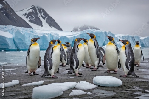 Penguin Colony on a Snowy Shore: A bustling colony of penguins gathered on a snow-covered beach, with a backdrop of towering glaciers and jagged cliffs. photo