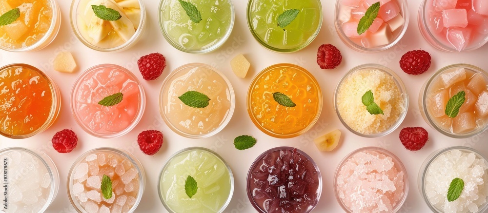 A visually appealing arrangement of various fruit based desserts smoothies and other healthy and refreshing treats in stylish bowls and glasses This image showcases the vibrant colors A visually appealing arrangement of various fruit based desserts smoothies and other healthy and refreshing treats in stylish bowls and glasses This image showcases the vibrant colors