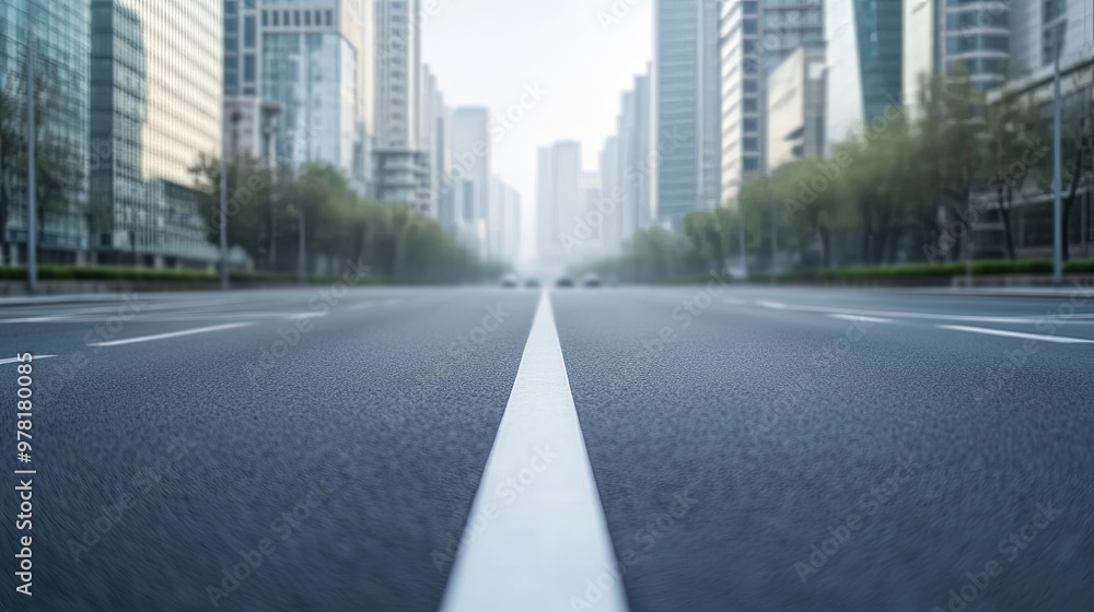 Fototapeta premium Empty Urban Street with Blurred Cityscape Background Featuring Prominent Ad Space Ideal for Car Advertisement. Sleek and Modern Design Perfect for Stock Imagery.