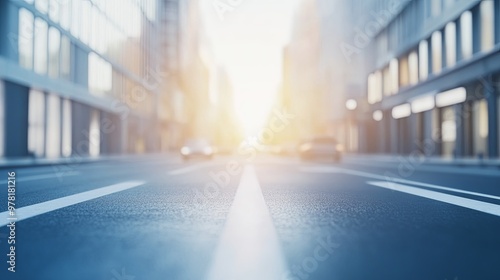 Empty Urban Street with Blurred Cityscape Background Featuring Prominent Ad Space Ideal for Car Advertisement. Sleek and Modern Design Perfect for Stock Imagery.