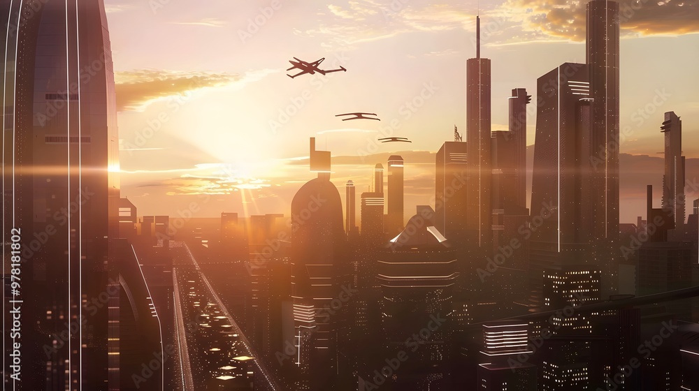 Sunset Over a Futuristic Cityscape with Shining Glass Towers, Flying Vehicles, and Glowing Pathways Between Buildings Sunset Over a Futuristic Cityscape with Shining Glass Towers, Flying Vehicles, and Glowing Pathways Between Buildings