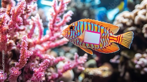 A vibrant striped fish swimming gracefully among colorful coral in a lively underwater scene.