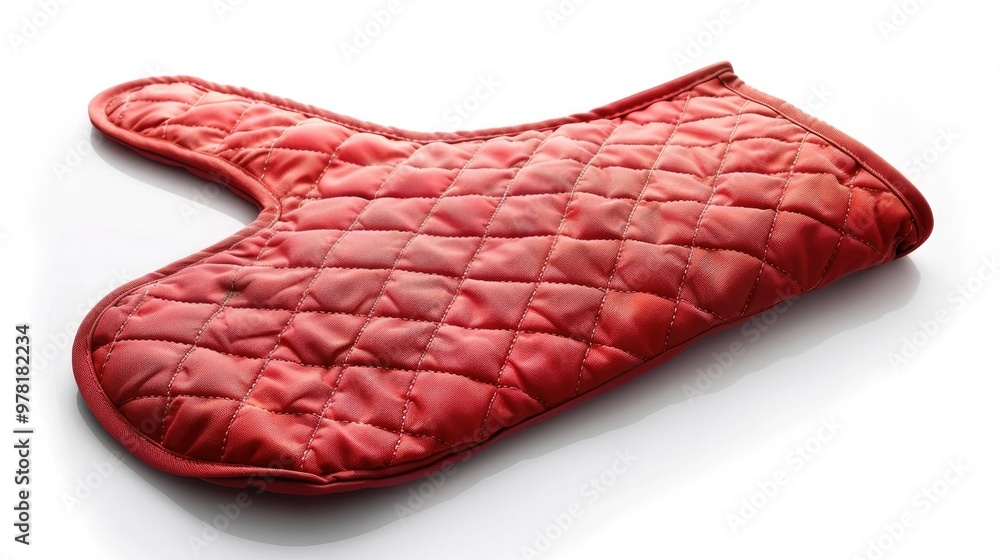 Close up image of a protective red oven glove or mitt holding on to a hot surface or appliance in a kitchen or cooking environment The glove is textured Close up image of a protective red oven glove or mitt holding on to a hot surface or appliance in a kitchen or cooking environment The glove is textured