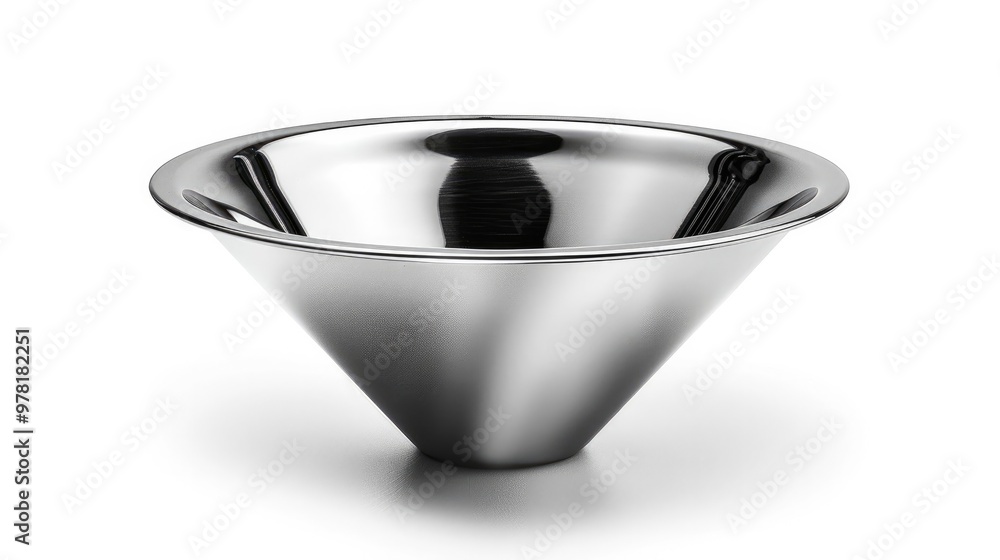 Shiny stainless steel bowl with a smooth reflective surface and a curved concave shape Designed for serving food presenting cuisine or as a decorative element in modern Shiny stainless steel bowl with a smooth reflective surface and a curved concave shape Designed for serving food presenting cuisine or as a decorative element in modern